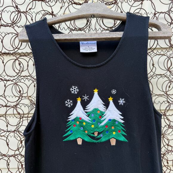 Vintage 90s Westbound Christmas Trees Snowflakes Embroidered Long Black Dress S - Picture 4 of 10